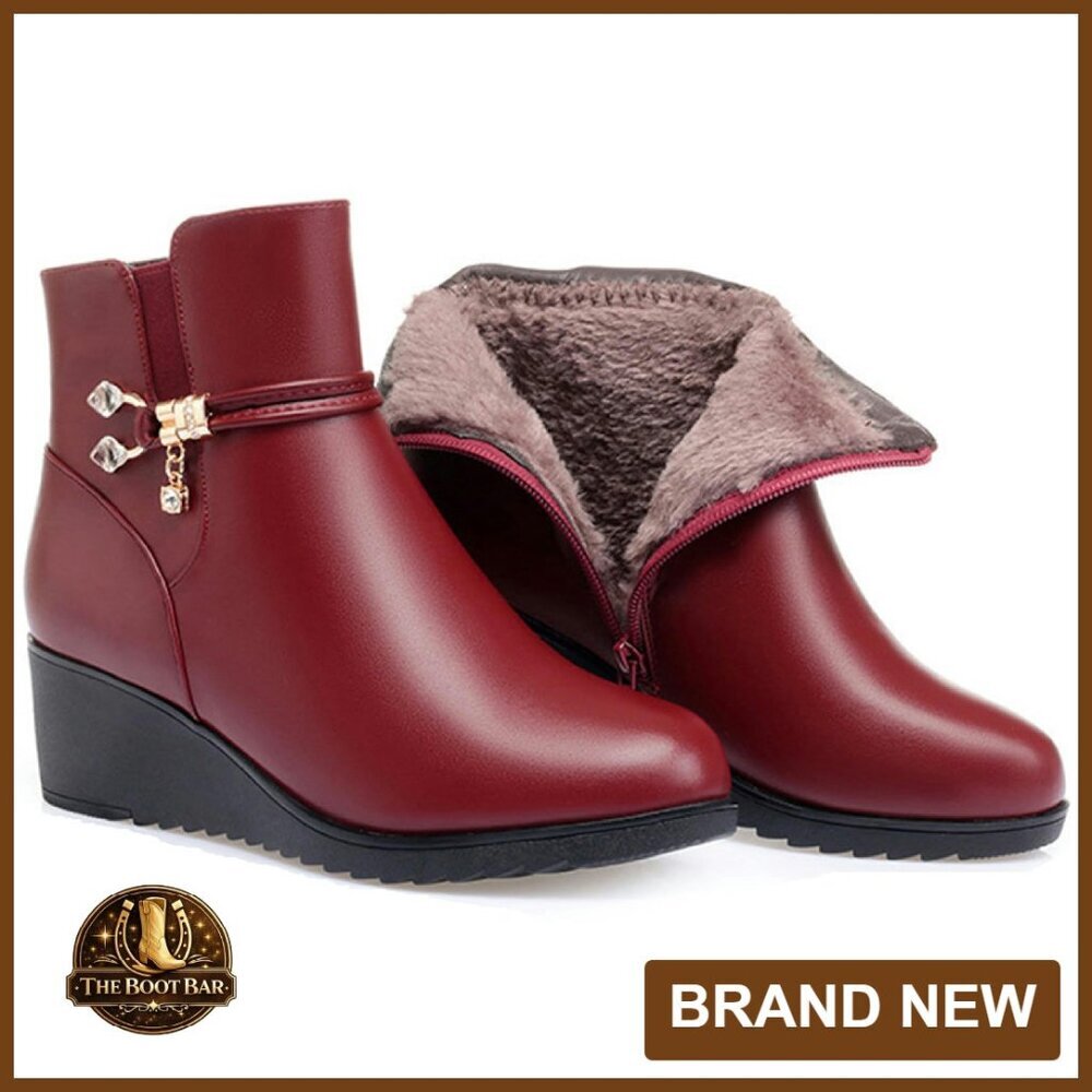 Wedge Heel Ankle Booties Leather Platform Side Zipper Rhinestones Warm Fur Lined